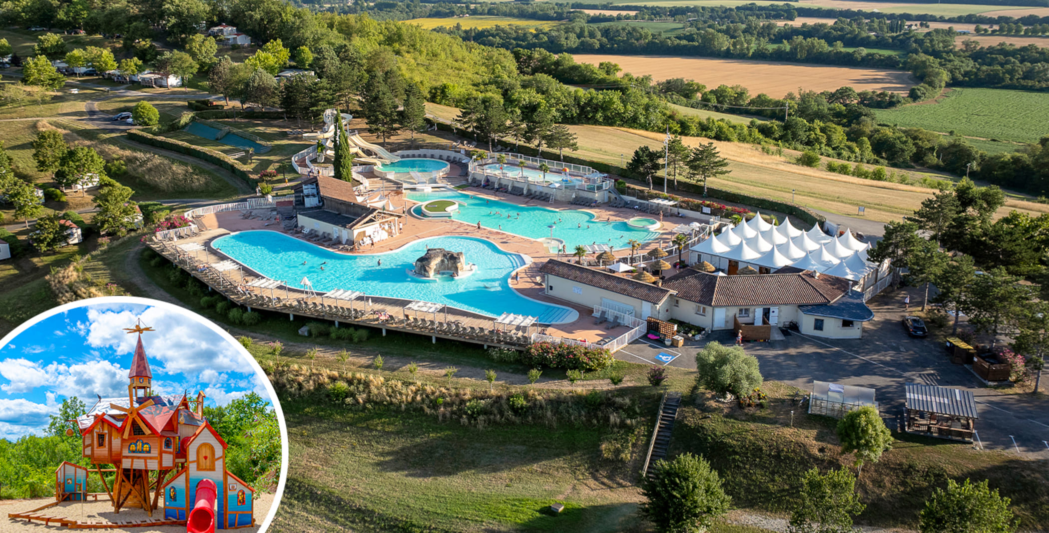 Camping Lac des 3 Vallées – Vue aérienne du domaine à Lectoure dans le Gers